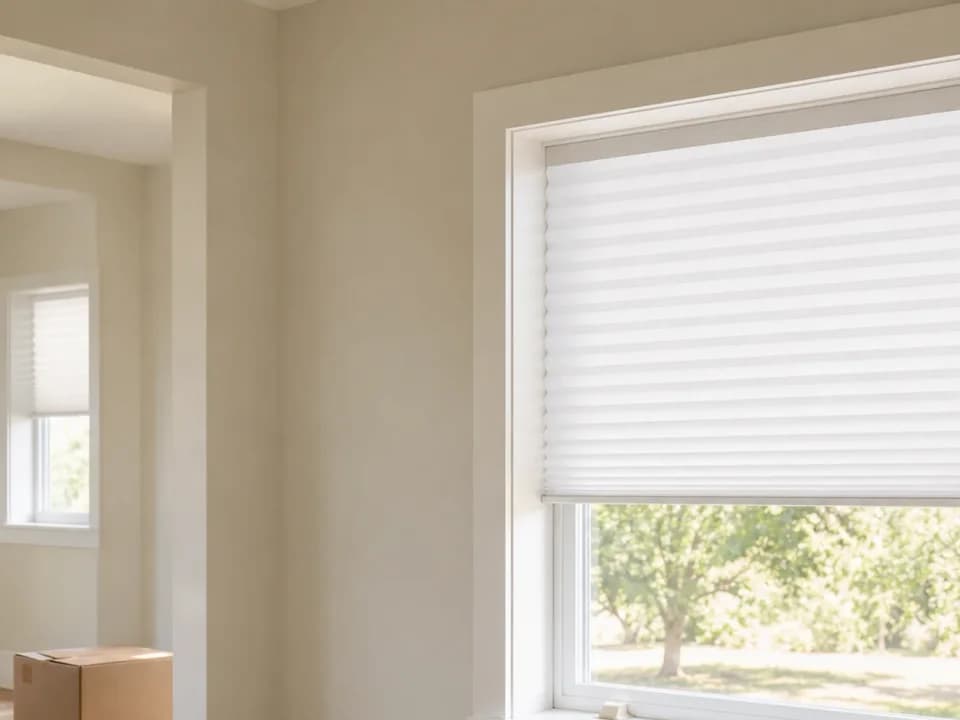 Pleated paper temporary blind trimmed to fit a bare window