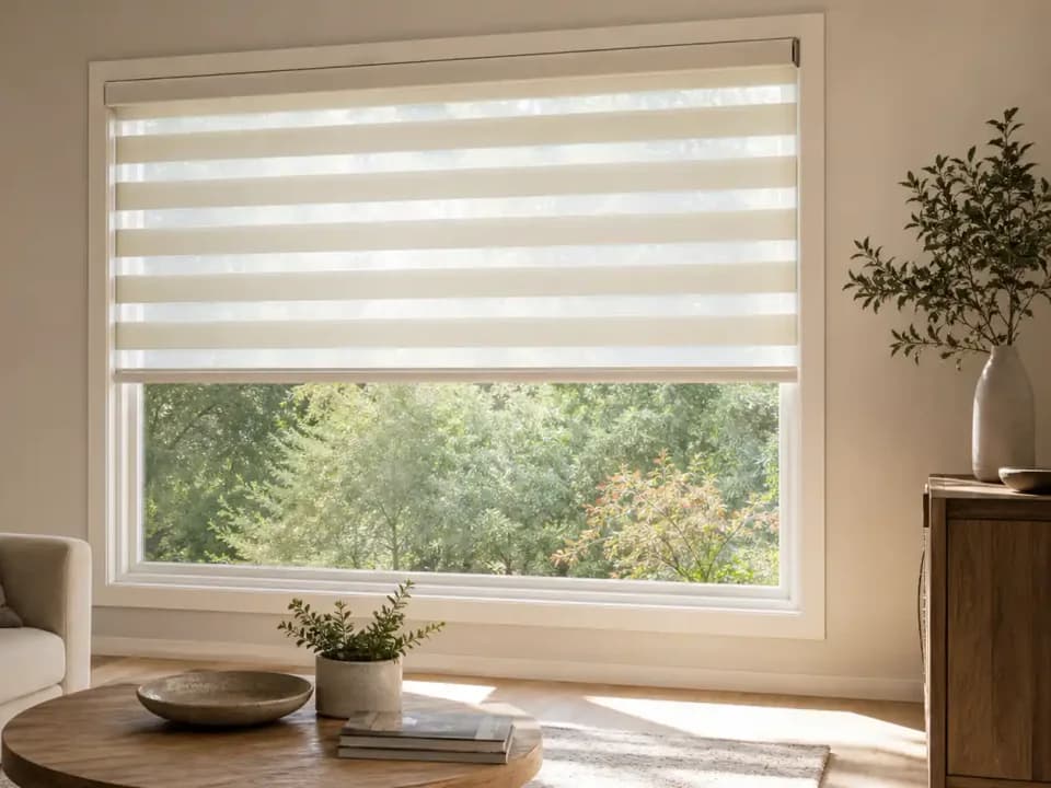 Zebra blind with alternating sheer and solid bands on a bright living-room window