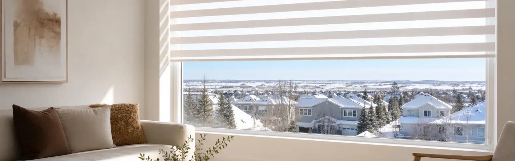 Zebra blinds fitted on a Calgary living-room window