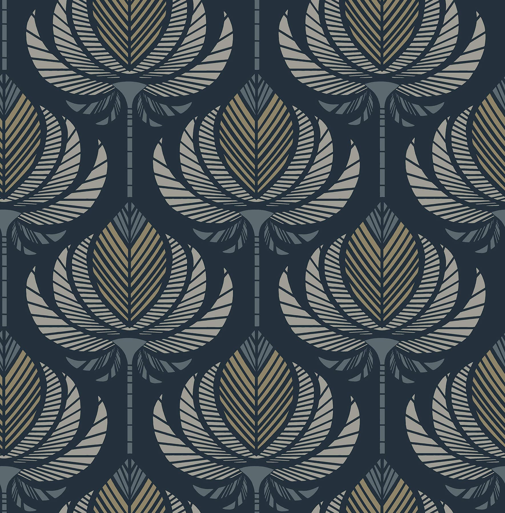 Ferrenby Dark Blue Floral Fan Wallpaper