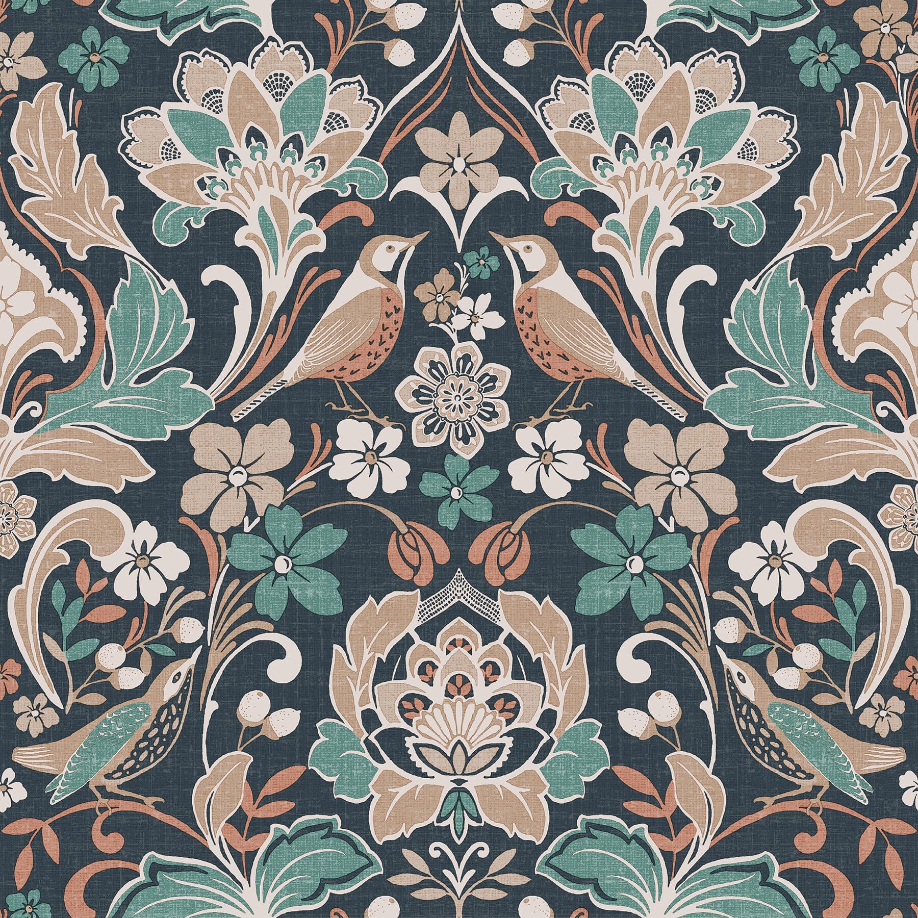 Birdy Navy Nuthatch Floral Wallpaper