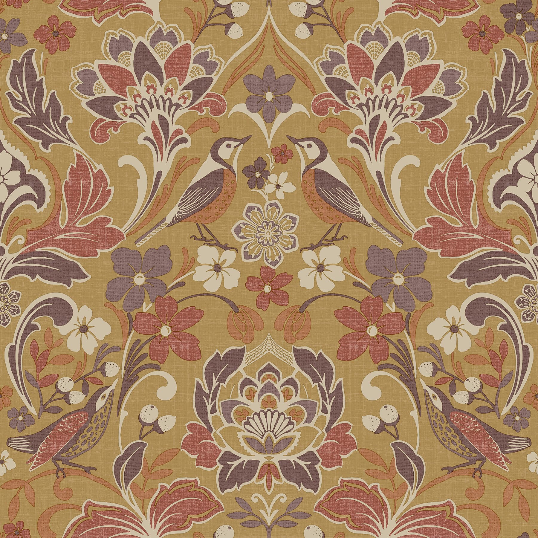 Birdy Yellow Nuthatch Floral Wallpaper