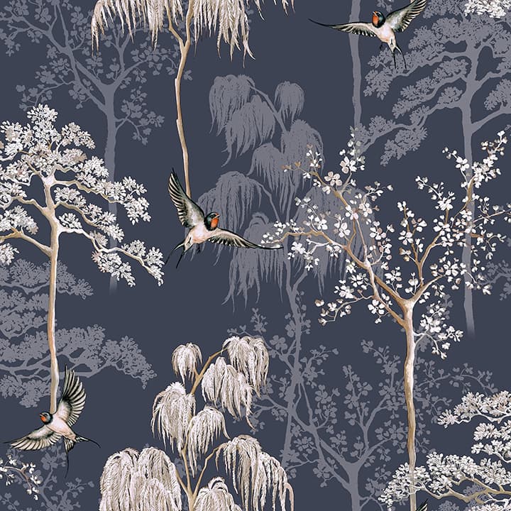 Asuka Blue Sparrow Forest Wallpaper- Arthouse
