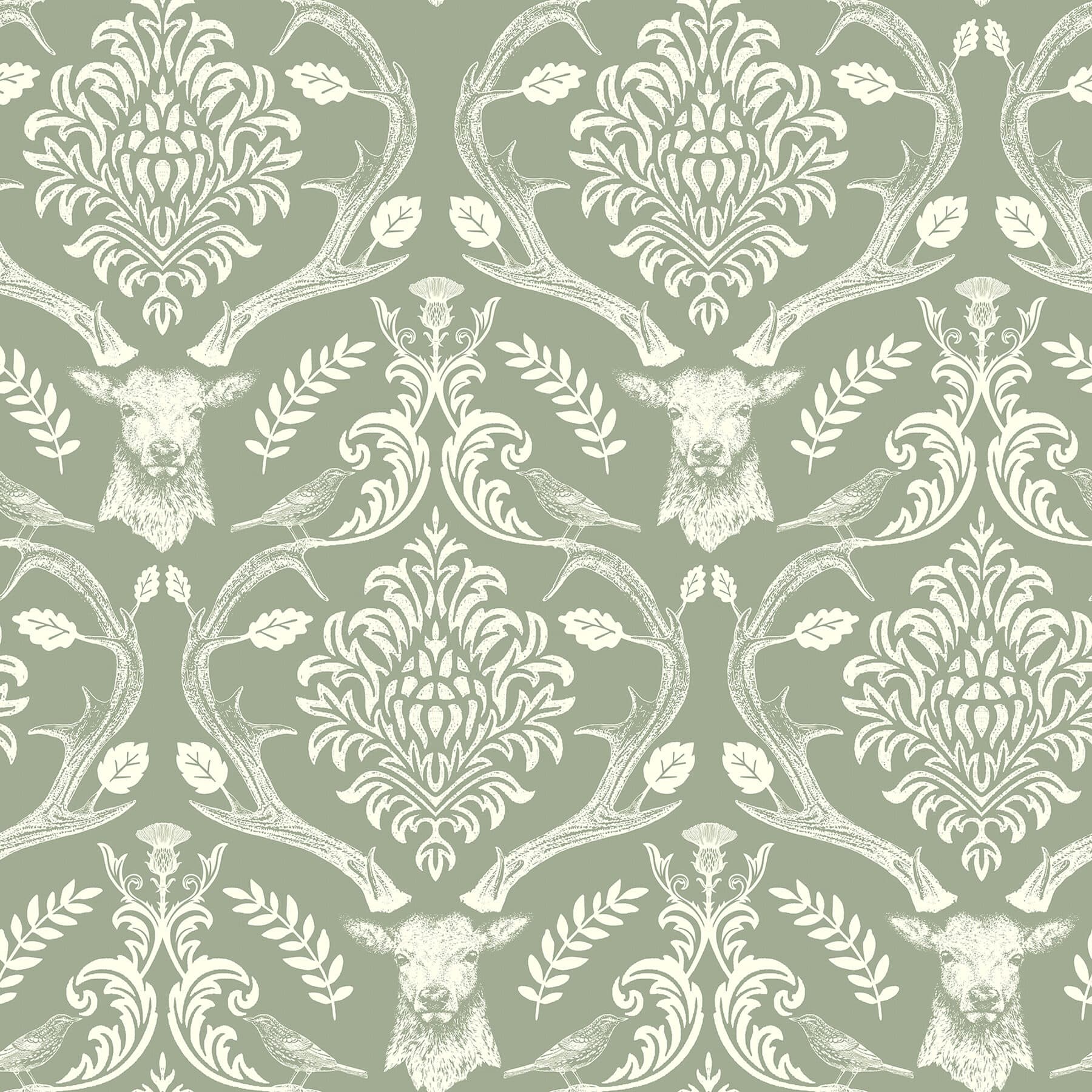 Wickham Green Stag Damask Wallpaper