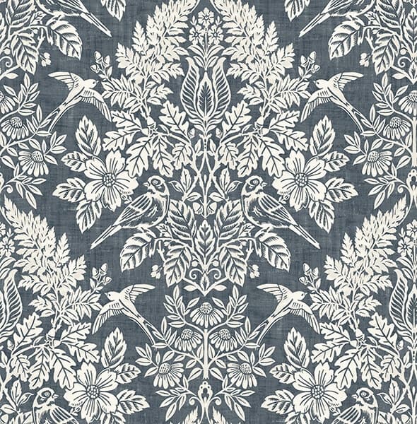 Finch Blue Woodland Damask Wallpaper