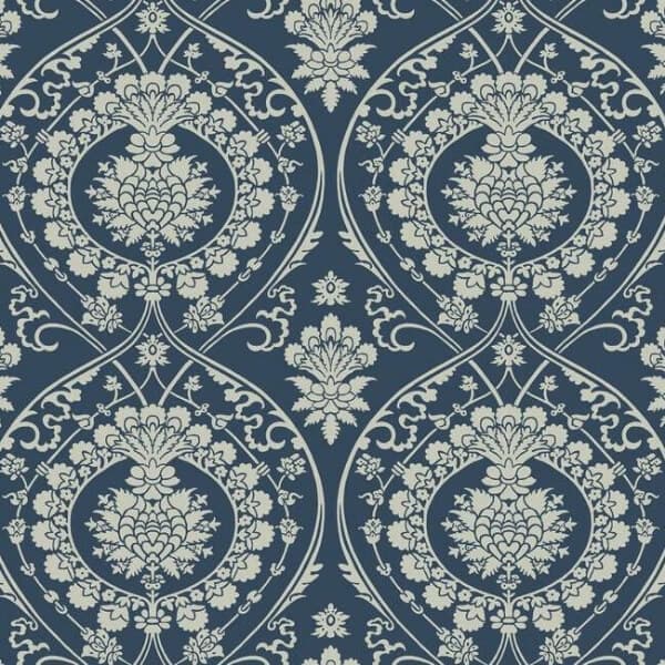 Imperial Damask Wallpaper- Navy/Silver