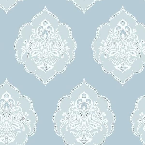 Signet Medallion Damask Wallpaper- Sky