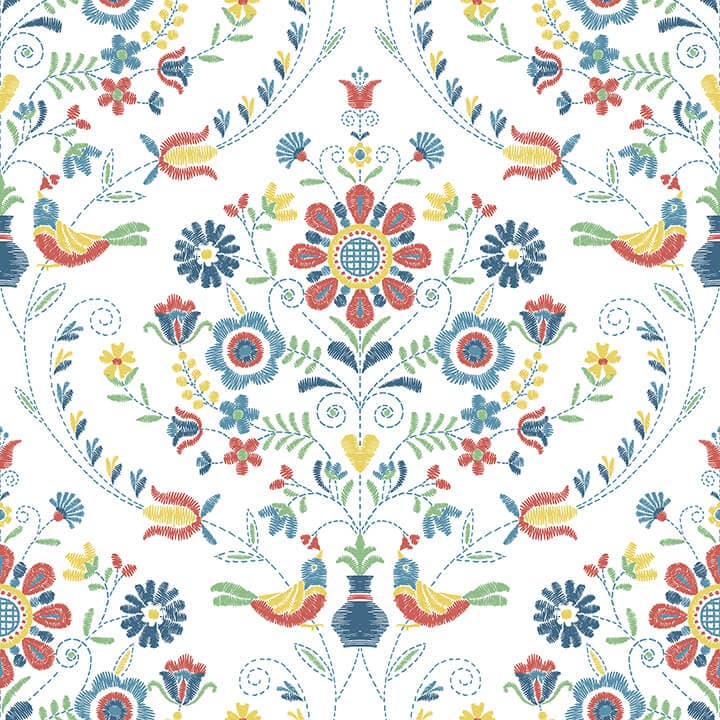 Britt Multicolor Embroidered Damask Wallpaper