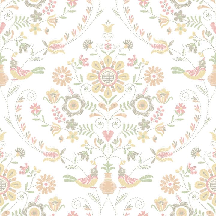 Britt Peach Embroidered Damask Wallpaper