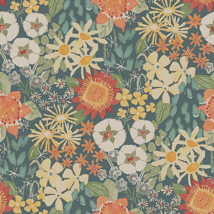 Karina Teal Wildflower Garden Wallpaper