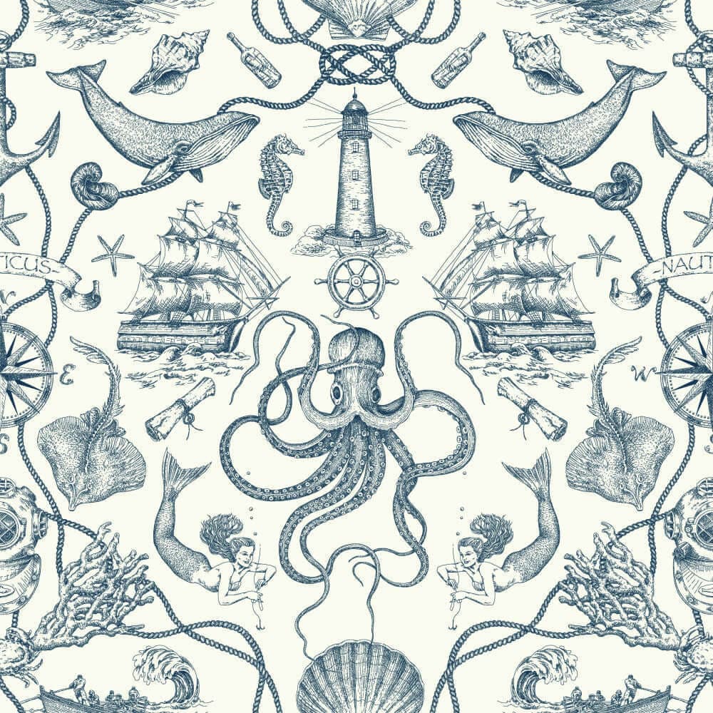 Deep Sea Toile Wallpaper- Blue