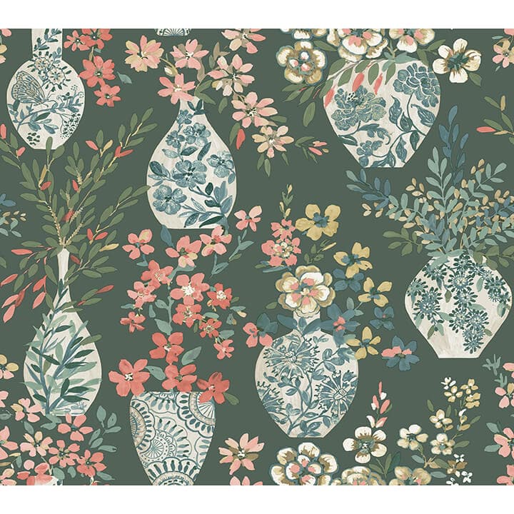 Harper Green Floral Vase Wallpaper