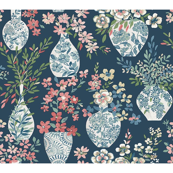 Harper Teal Floral Vase Wallpaper