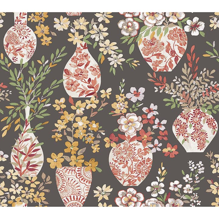 Harper Brown Floral Vase Wallpaper