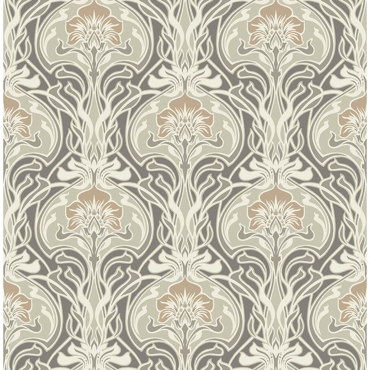Mucha Dark Grey Botanical Ogee Wallpaper