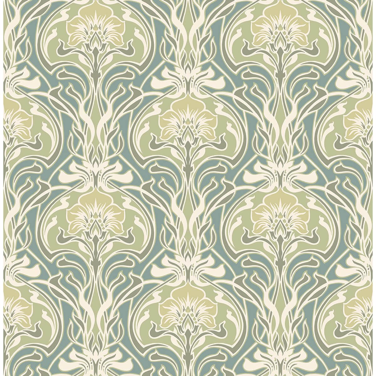 Mucha Teal Botanical Ogee Wallpaper