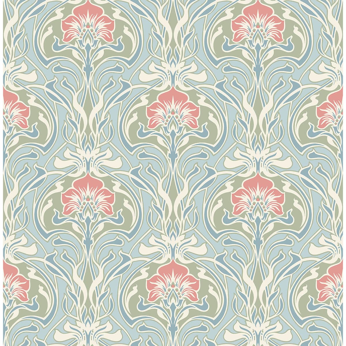 Mucha Light Blue Botanical Ogee Wallpaper