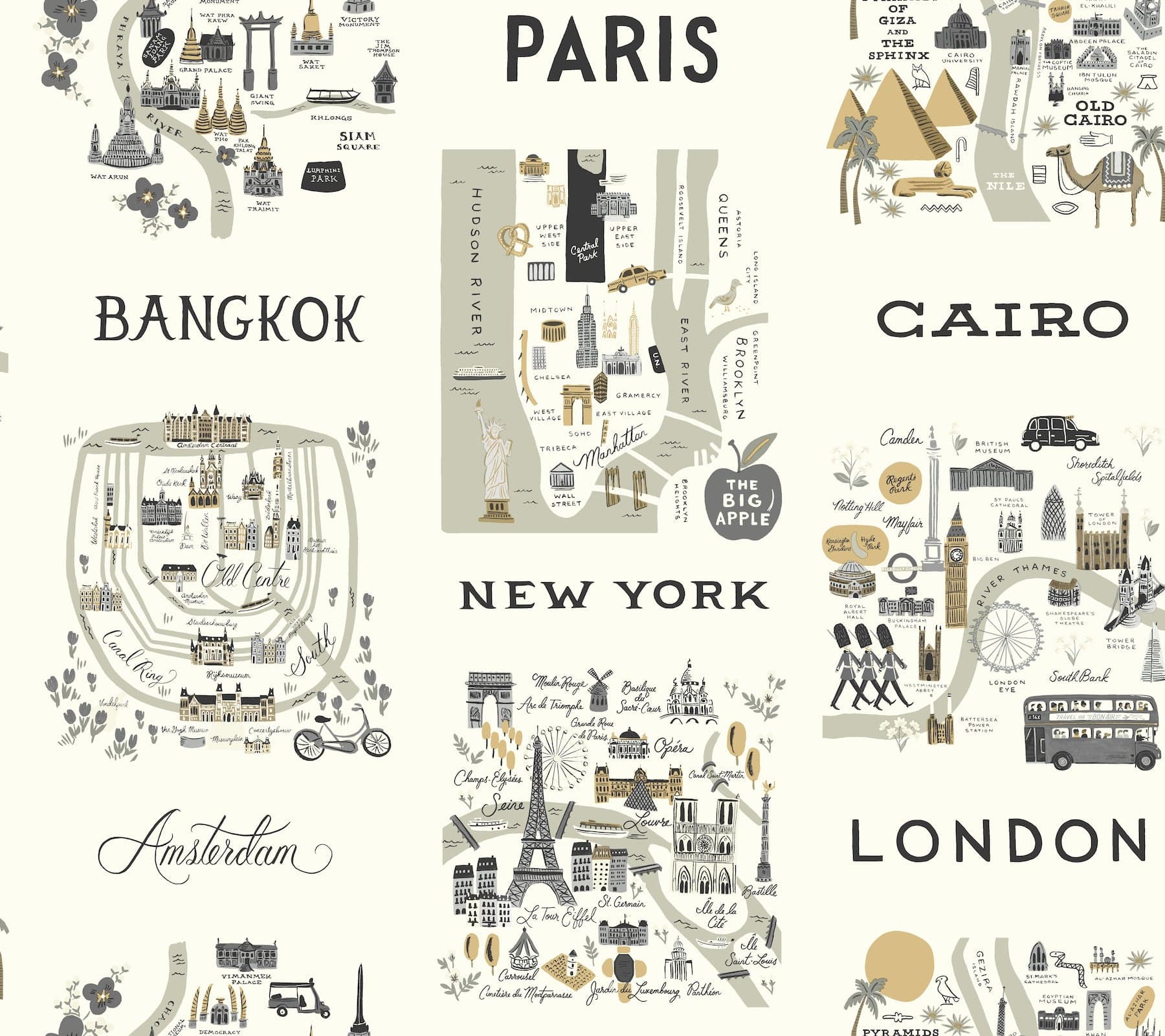 Rifle Paper Co. City Maps Grey & Gold Wallpaper