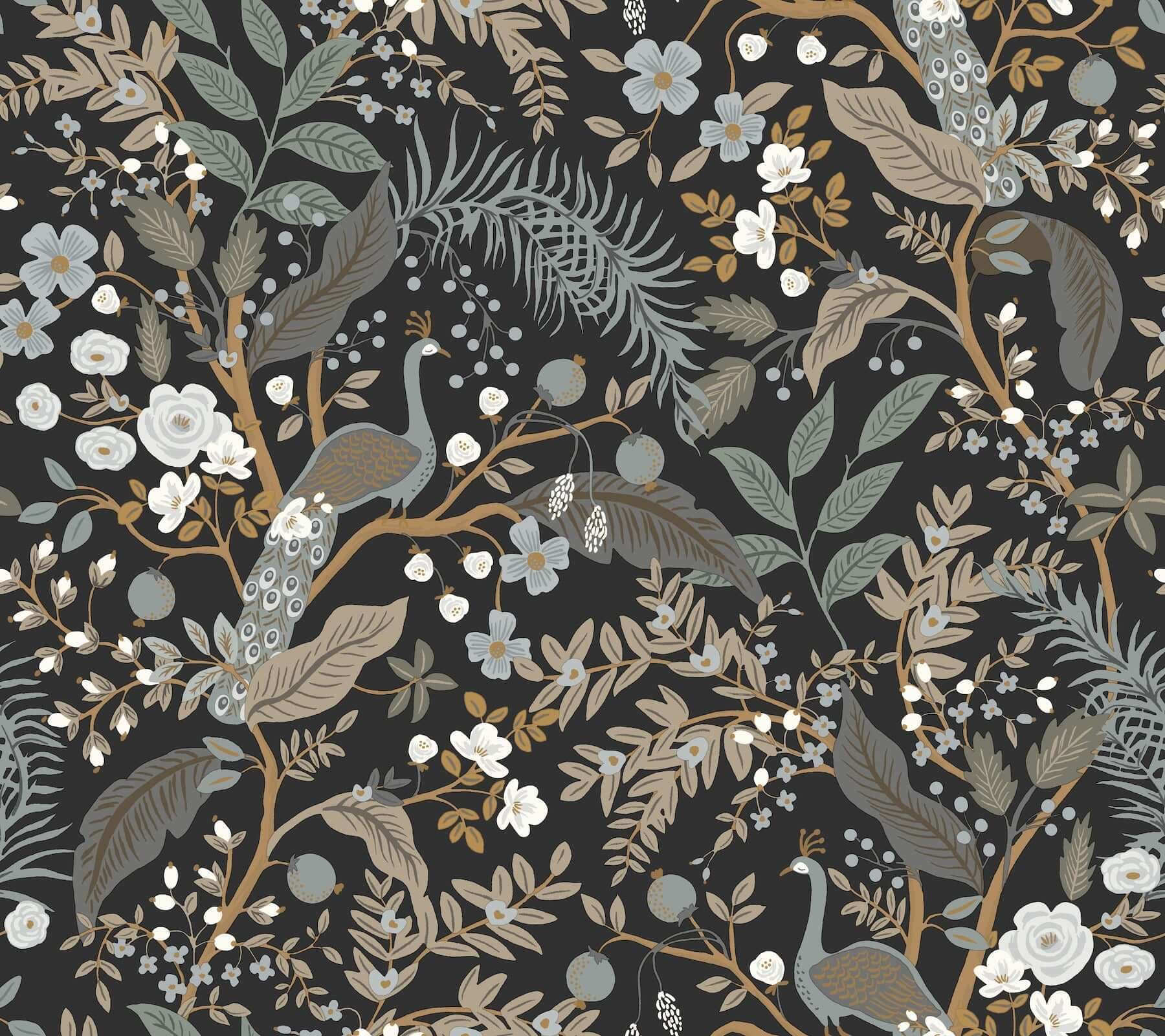 Peacock Garden Peel + Stick Wallpaper- Black