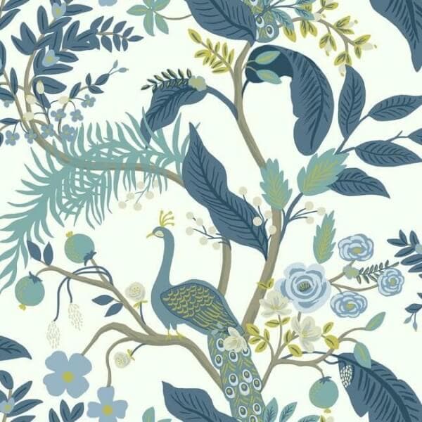 Peacock Wallpaper- Blue & White