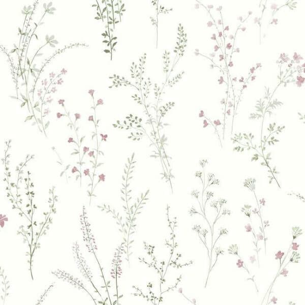 Wildflower Sprigs Wallpaper- Pink/Green/Grey
