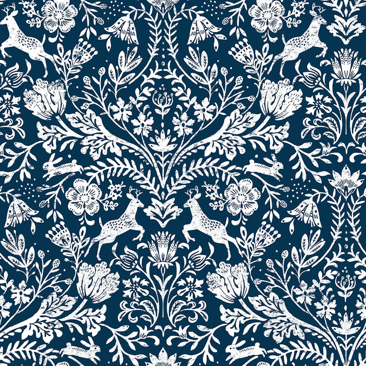 Forest Dance Navy Damask Wallpaper