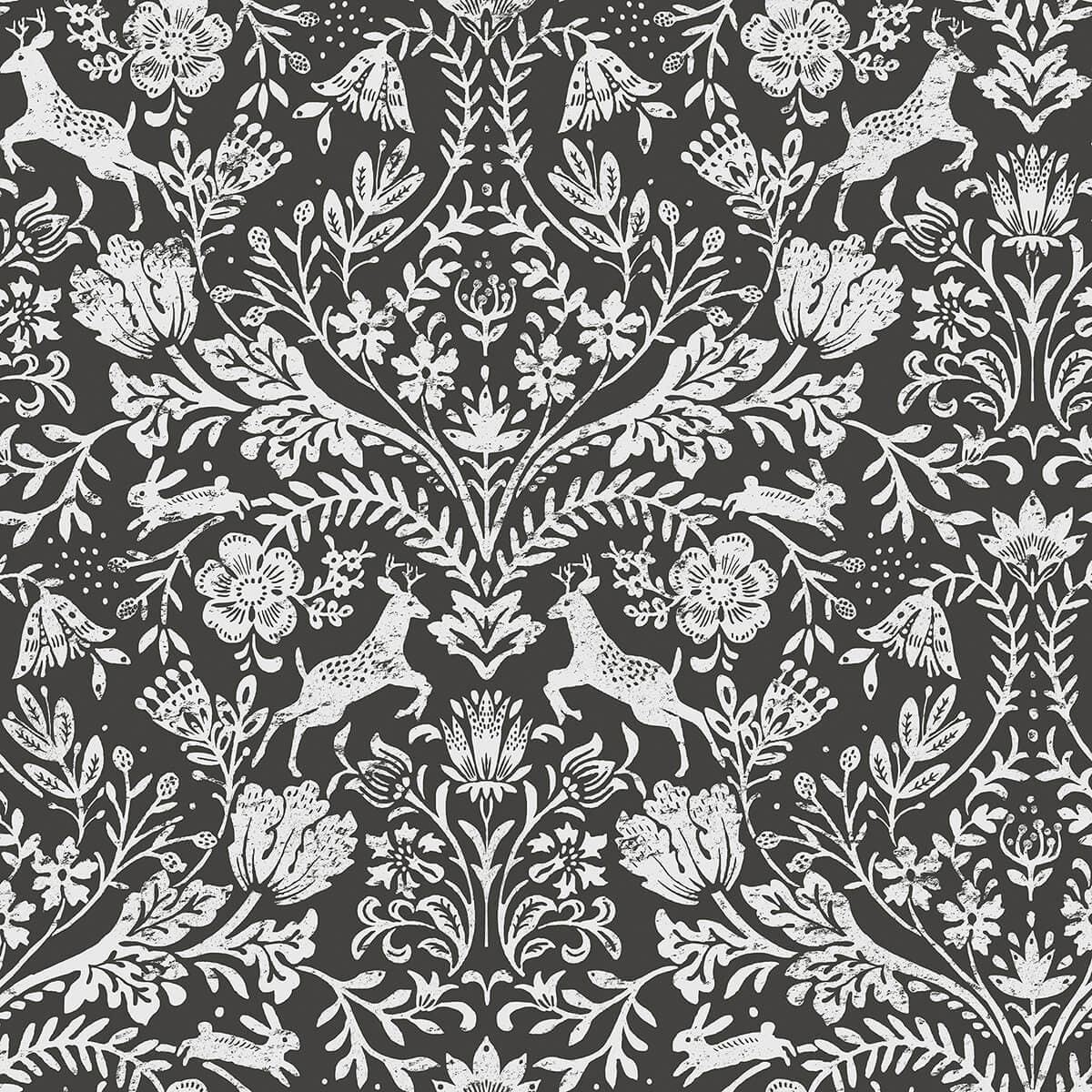 Forest Dance Charcoal Damask Wallpaper