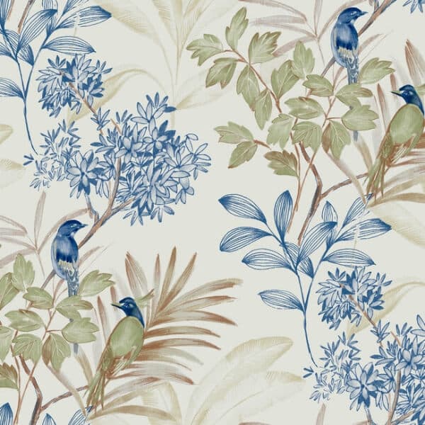 Handpainted Songbird Peel and Stick Wallpaper- Green/Blue